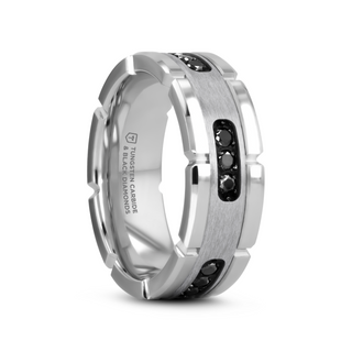 VALOR Grooved Tungsten Ring with Silver Inlay & Black Diamonds - 8mm