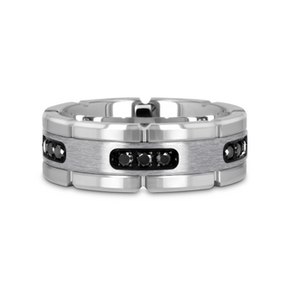VALOR Grooved Tungsten Ring with Silver Inlay & Black Diamonds - 8mm