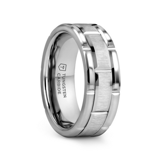 WARWICK Beveled Tungsten Carbide Wedding Band with Brush Finished Center and Alternating Grooves - 8mm
