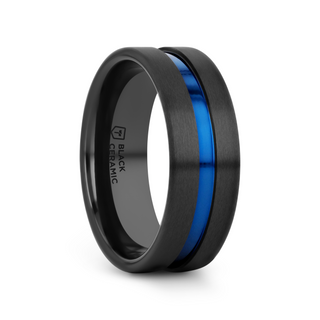 WESTLEY Flat Brushed Finish Black Ceramic Men’s Wedding Ring with Blue Grooved Center - 8mm