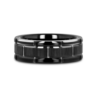 WINDSOR Beveled Black Tungsten Carbide Wedding Band with Brush Finished Center and Alternating Grooves - 8mm & 10mm