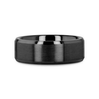 YORKSHIRE Brushed Finish Black Ceramic Wedding Band with Beveled Edges 6mm or 8mm