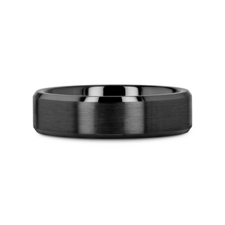 YORKSHIRE Brushed Finish Black Ceramic Wedding Band with Beveled Edges 6mm or 8mm