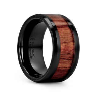 YUKON Beveled Black Ceramic Ring with Black Walnut Wood Inlay - 10mm