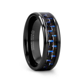 ZAYDEN Black Titanium Ring with Blue & Black Carbon Fiber Inlay and Bevels - 8mm
