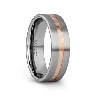 ZEUS Flat Brushed Finish Tungsten Carbide Ring with Rose Gold Plated Groove - 4mm - 10mm