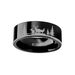 Animal Landscape Scene Reindeer Deer Stag Ring Engraved Flat Black Tungsten Ring - 4mm - 12mm - Thorsten Rings