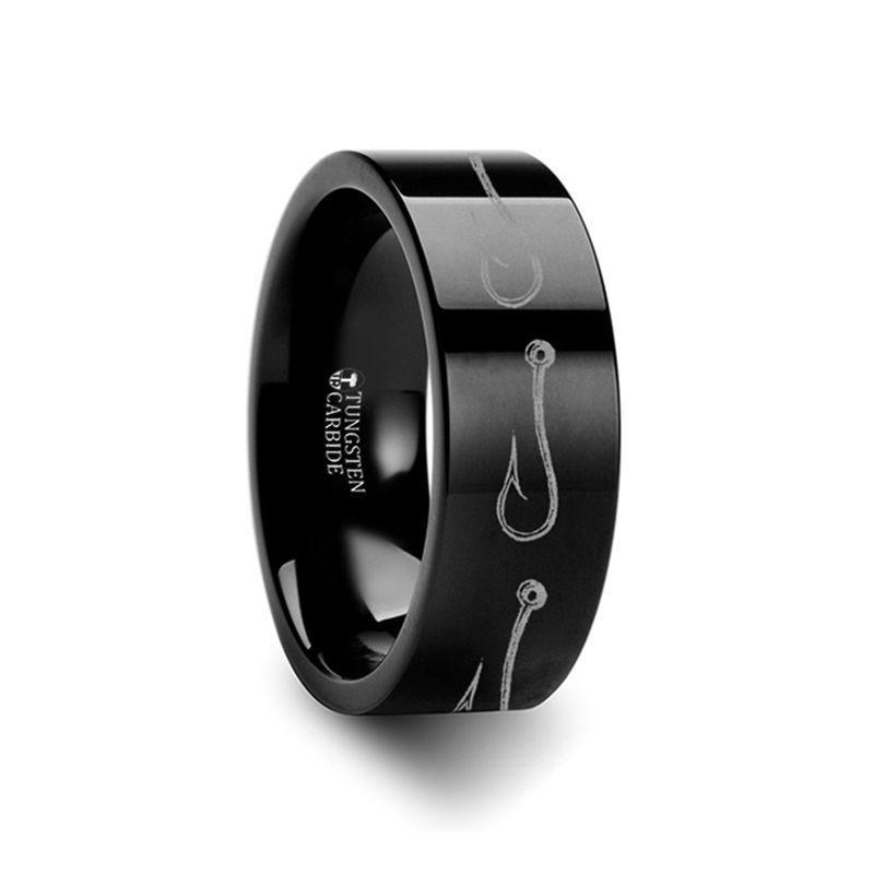 Simple Artistic Fishing Hook Pattern Engraved Flat Black Tungsten Ring - 4mm Simple Artistic Fishing Hook Pattern Engraved Flat Black Tungsten Ring - 4mm