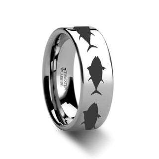 Tuna fish Jumping Sea Print Pattern Ring Engraved Flat Tungsten Ring - 4mm - 12mm - Thorsten Rings