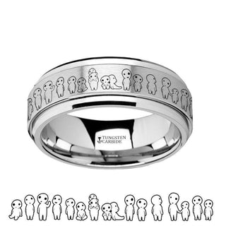 Spinning Engraved Princess Mononoke Kodama Sprites Tungsten Carbide Spinner Wedding Band - 8mm - Thorsten Rings