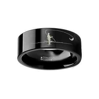 Hunting Landscape Scene Fly Fishing Fishermen Fish Ring Engraved Flat Black Tungsten Ring - 4mm - 12mm - Thorsten Rings
