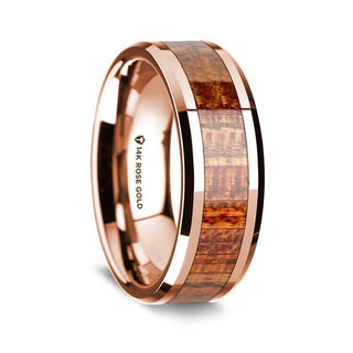14K Rose Gold Polished Beveled Edges Wedding Ring with Mahogany Inlay - 8 mm - Thorsten Rings