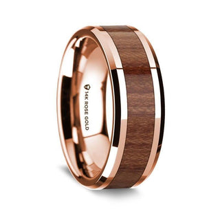 14K Rose Gold Polished Beveled Edges Wedding Ring with Rosewood Inlay - 8 mm - Thorsten Rings