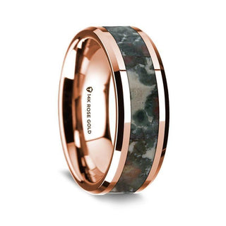 14K Rose Gold Polished Beveled Edges Wedding Ring with Coprolite Inlay - 8 mm - Thorsten Rings