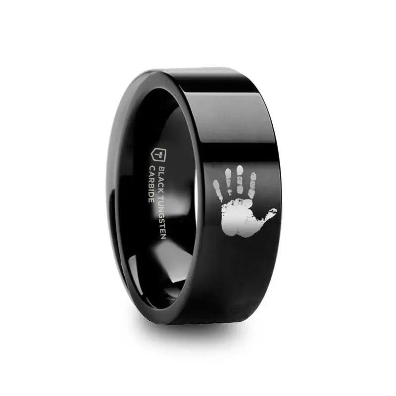 Handprint Engraved Flat Pipe Cut Black Tungsten Ring Polished