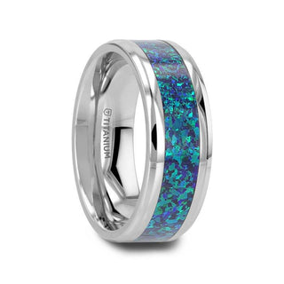 ANDROMEDA Titanium Polished Beveled Edge with Blue Green Opal Inlay - 8mm - Thorsten Rings