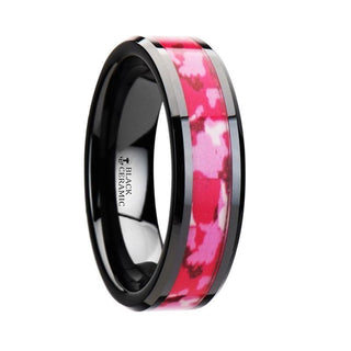 SIERRA Black Ceramic Ring with Pink and White Camouflage Inlay - 6mm & 8mm - Thorsten Rings