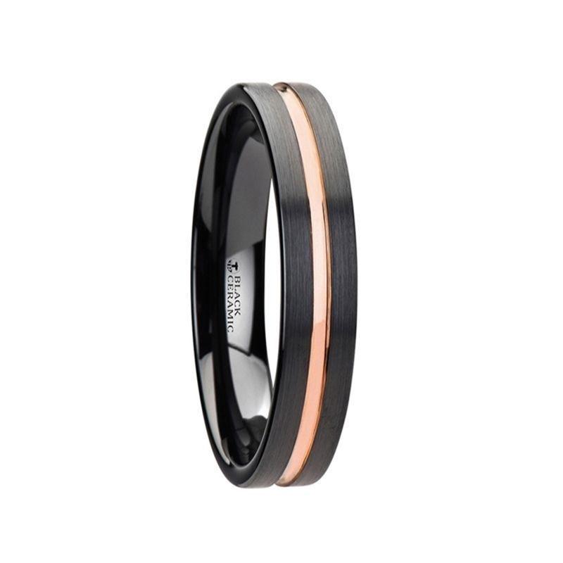 VENICE Black Ceramic Wedding Band with Rose Gold Groove 4mm