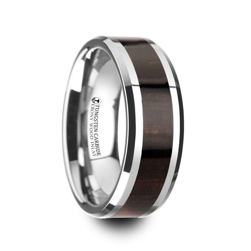 ARCANE Ebony Wood Inlaid Tungsten Carbide Ring with Bevels 8mm