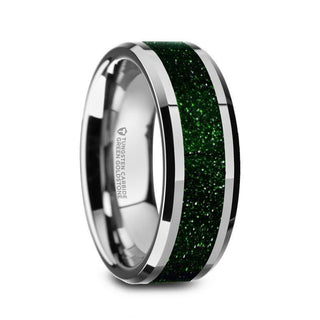 PATRICK Men’s Polished Finish Beveled Edges Tungsten Wedding Band with Green Goldstone Inlay - 8mm - Thorsten Rings