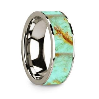 Flat Polished 14k White Gold Wedding Ring with Turquoise Inlay - 8 mm - Thorsten Rings