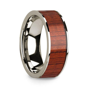 Polished Finish 14k White Gold Men’s Wedding Band with Padauk Wood Inlay - 8mm - Thorsten Rings